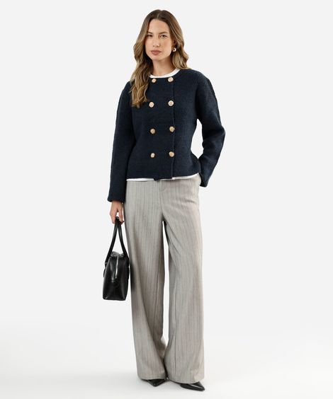 cardigan feminino de tricot com lã texturizado azul