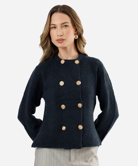 cardigan feminino de tricot com lã texturizado azul