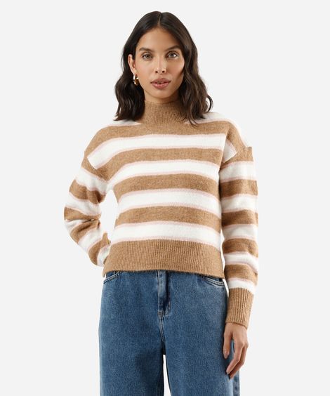 suéter feminino de tricot gola alta listrado marrom