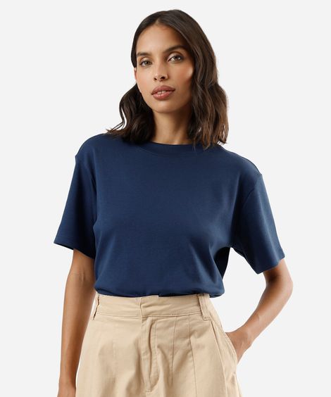 camiseta básica feminina de algodão peruano oversized com fendas azul