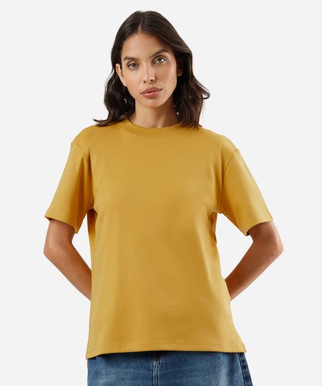 camiseta básica feminina de algodão peruano oversized com fendas amarela