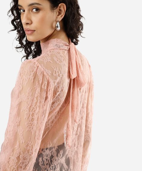 bata feminina de renda gola alta com amarração rosa