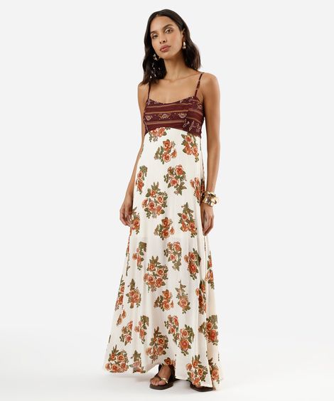 vestido longo alça fina feminino de viscose com lurex floral bege