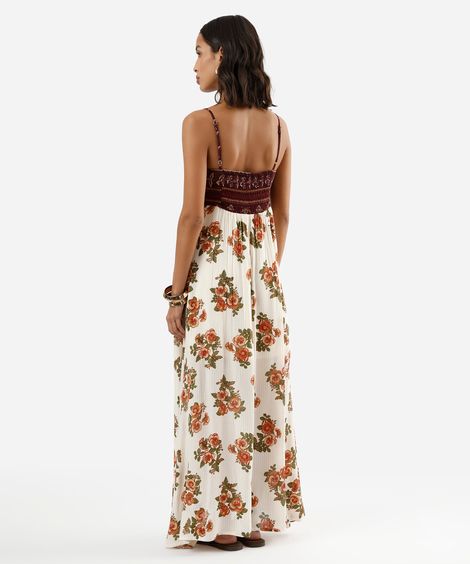 vestido longo alça fina feminino de viscose com lurex floral bege