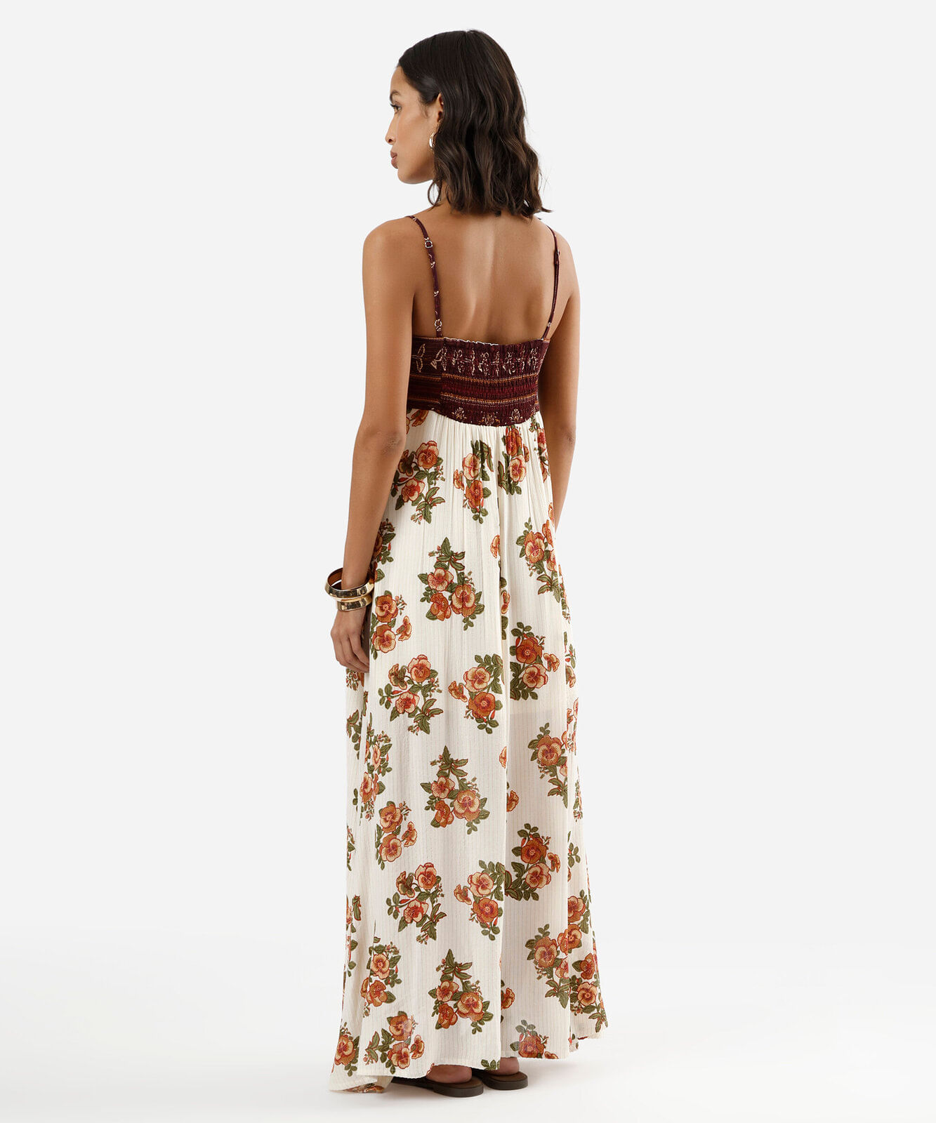 vestido longo alça fina feminino de viscose com lurex floral bege