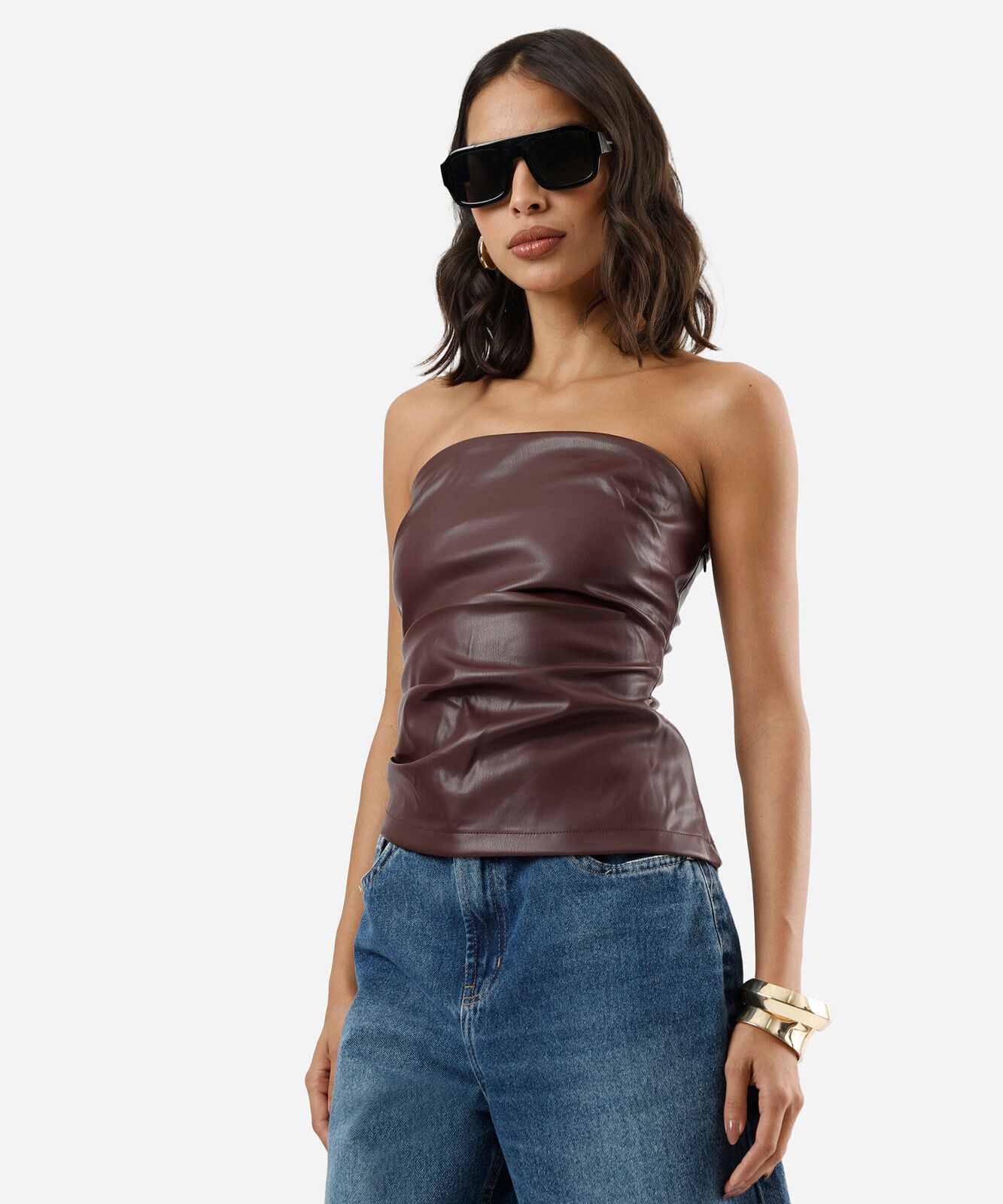 blusa sem alça feminina de pu com pregas vinho