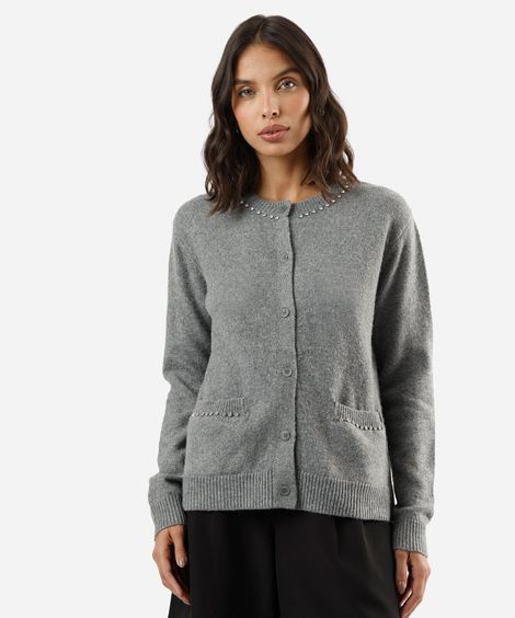 cardigan feminino tricot com brilhos cinza