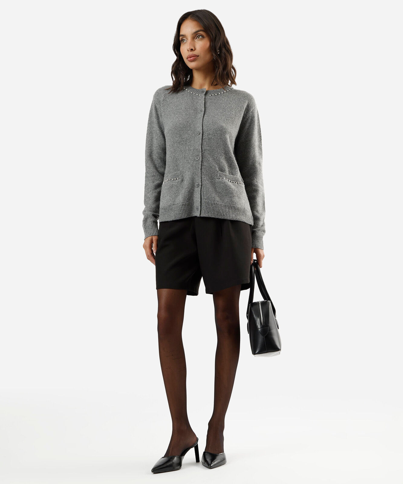 cardigan feminino tricot com brilhos cinza
