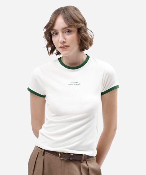 camiseta baby look feminina de algodão manga curta estampada off white