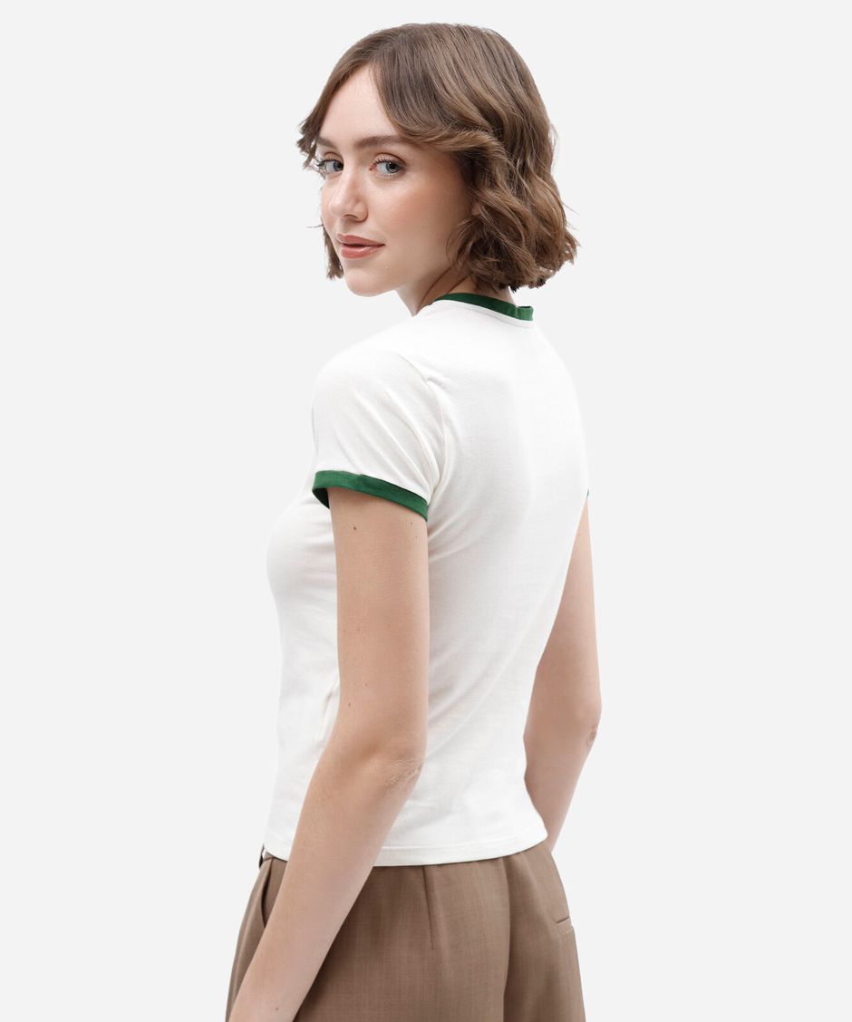 camiseta baby look feminina de algodão manga curta estampada off white