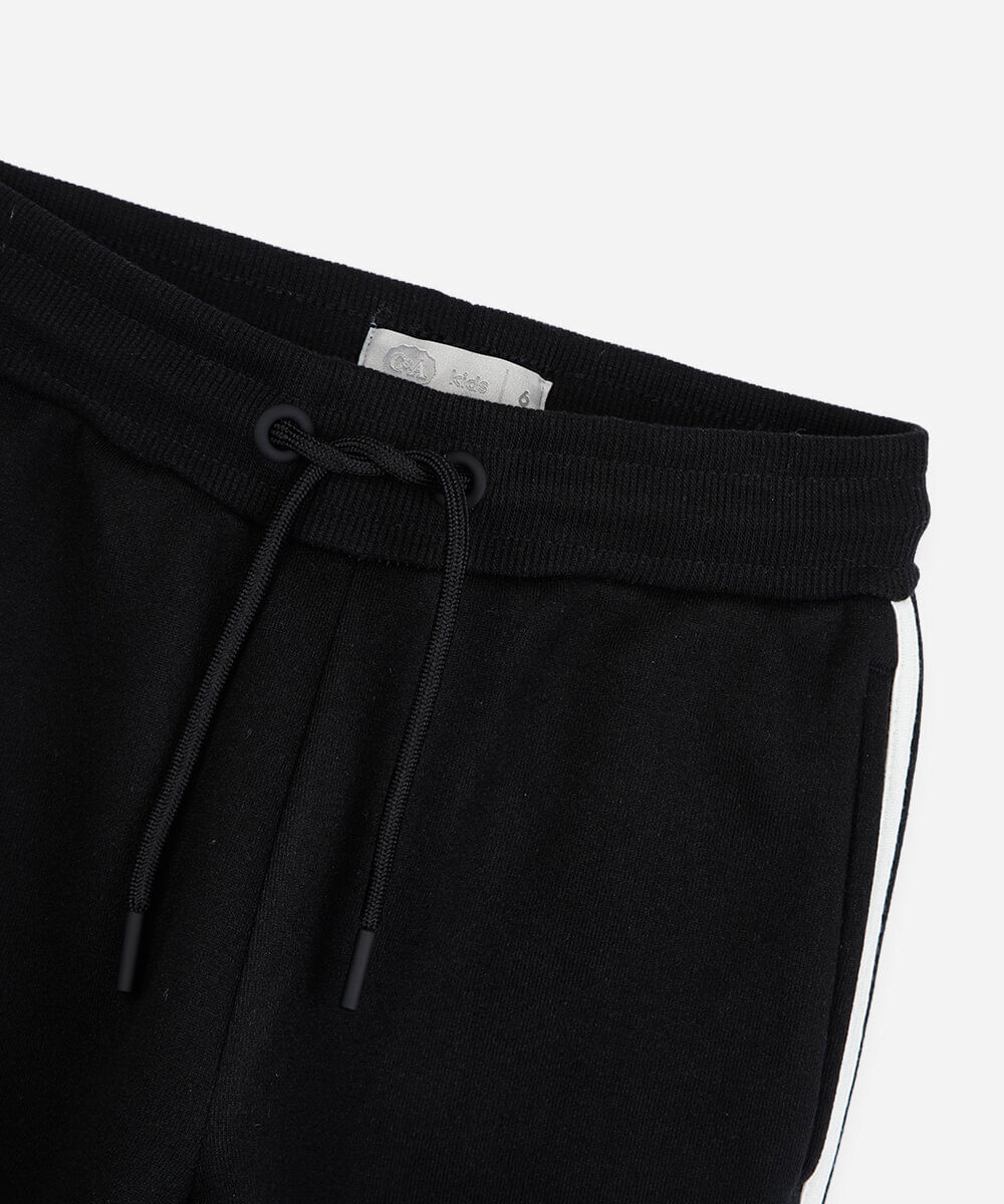 calça jogger infantil de moletom com listras laterais preta