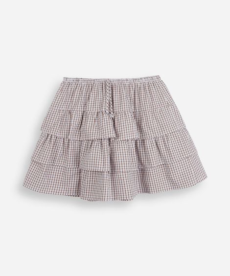 saia curta juvenil de algodão com babados xadrez vichy off white