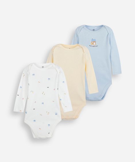 kit de 3 bodies infantil de algodão manga longa estampado colorido