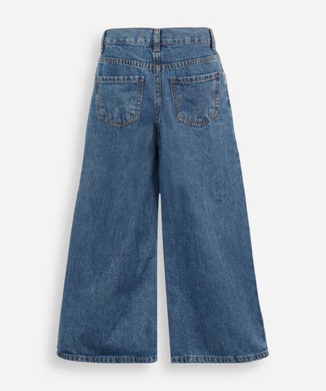 calça wide leg infantil jeans com bordados borboletas azul