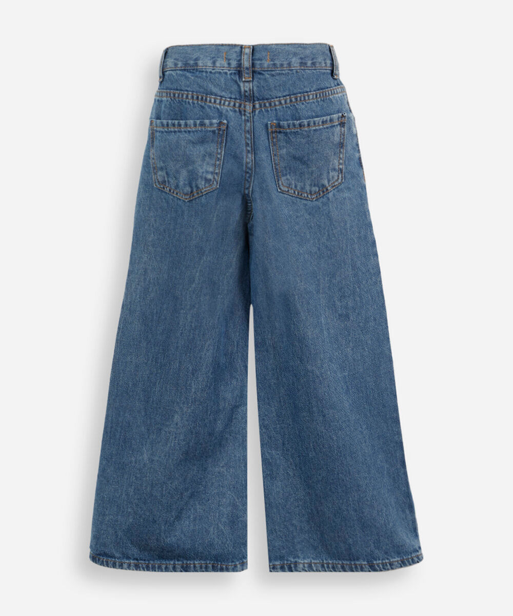 calça wide leg infantil jeans com bordados borboletas azul