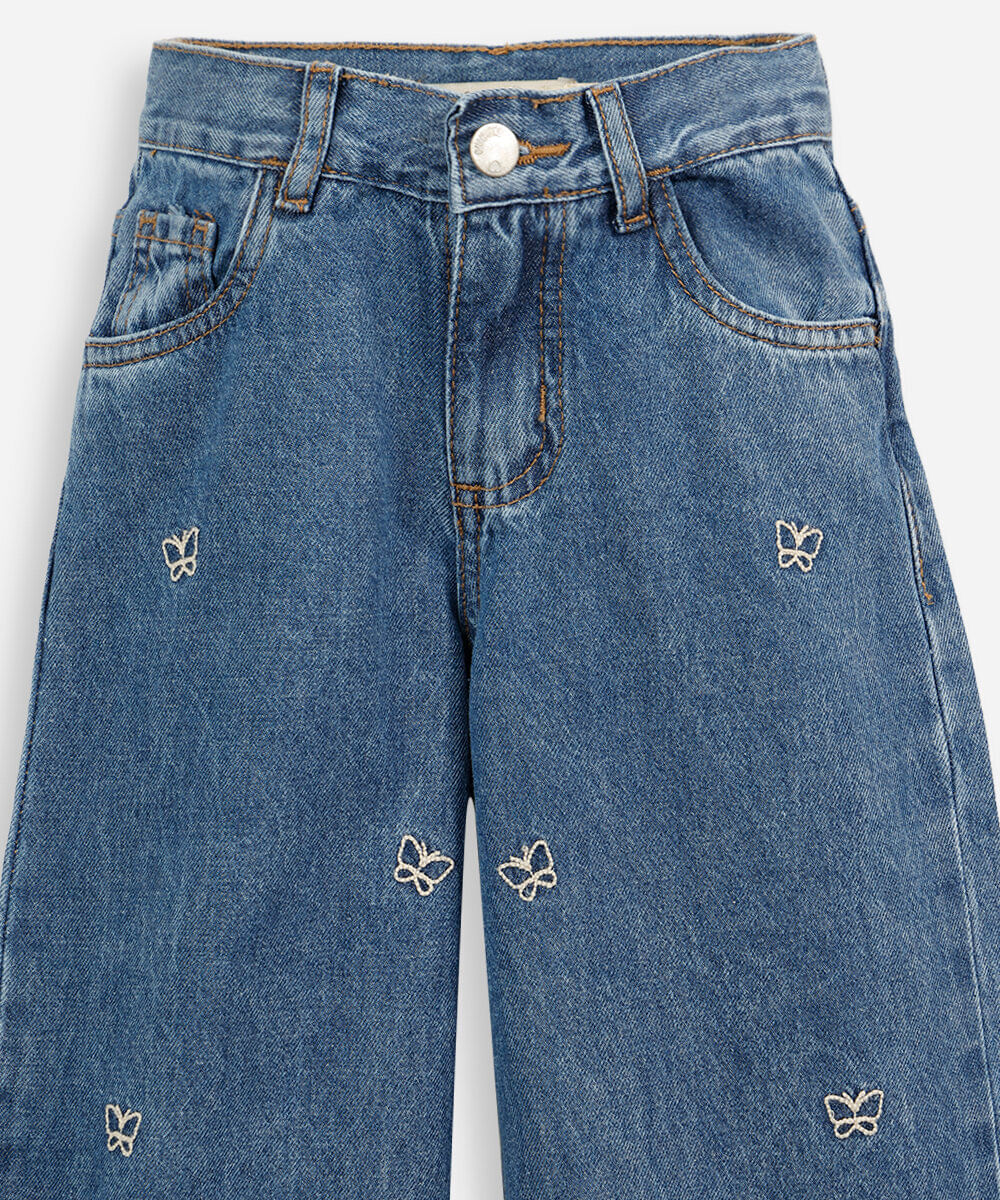 calça wide leg infantil jeans com bordados borboletas azul