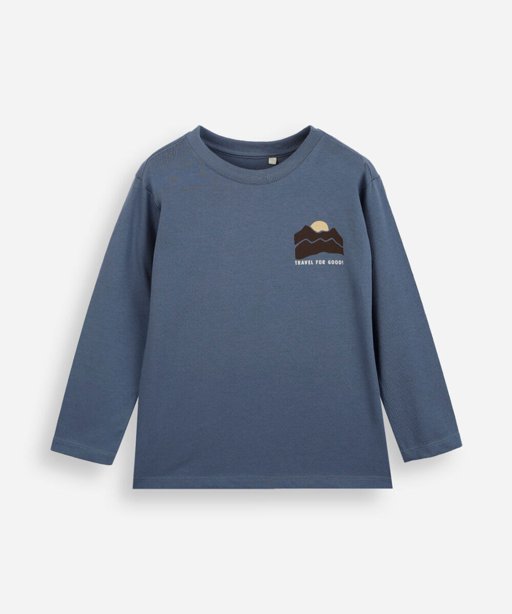 camiseta infantil de algodão manga longa estampada azul