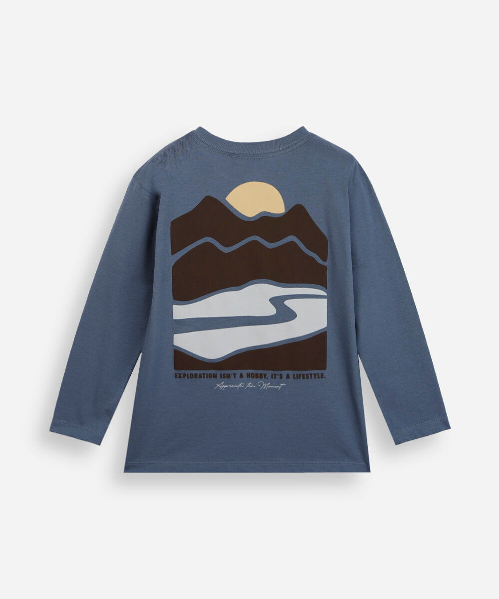 camiseta infantil de algodão manga longa estampada azul