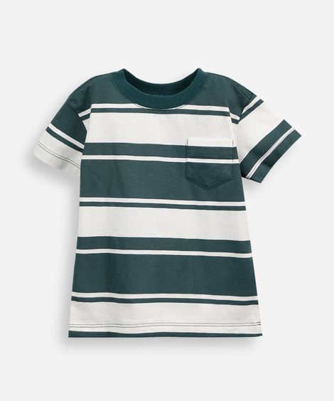 camiseta infantil de algodão manga curta com bolso listrada verde