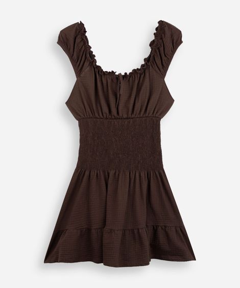 vestido curto juvenil de algodão franzido marrom