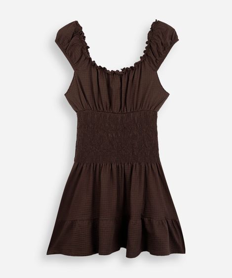 vestido curto juvenil de algodão franzido marrom