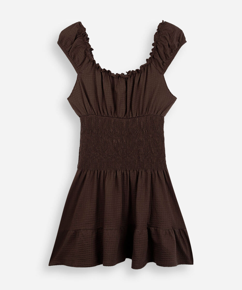 vestido curto juvenil de algodão franzido marrom