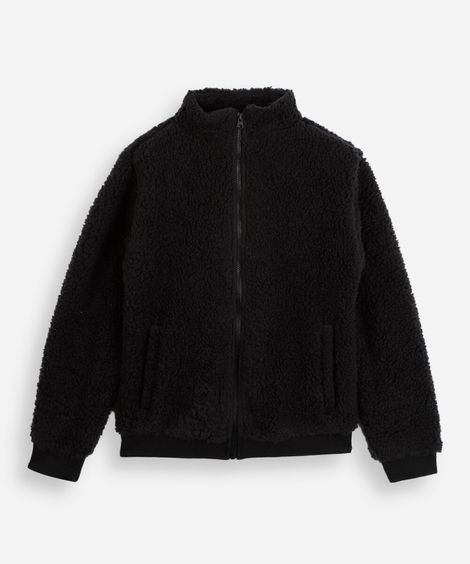 jaqueta oversized juvenil de pelúcia gola alta preta