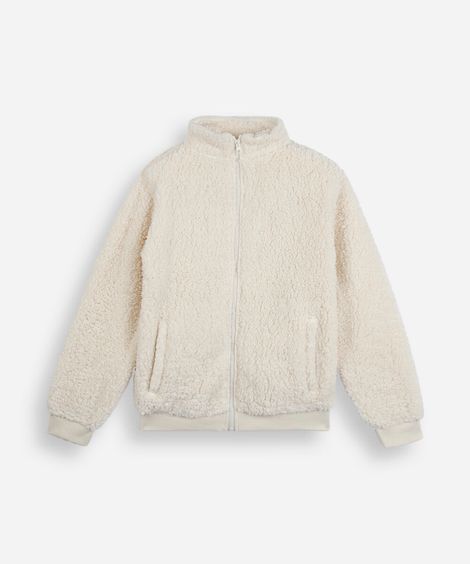 jaqueta oversized juvenil de pelúcia gola alta off white
