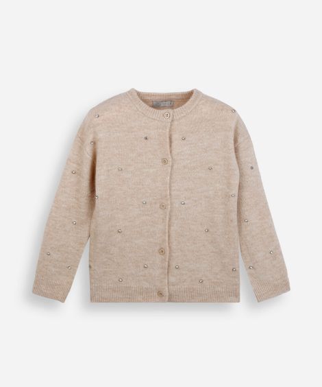 cardigan infantil de tricot com brilhos bege