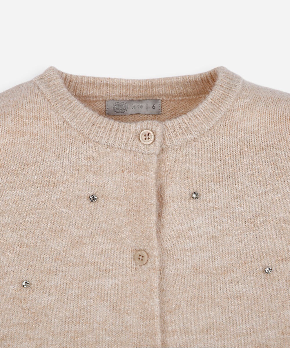 cardigan infantil de tricot com brilhos bege