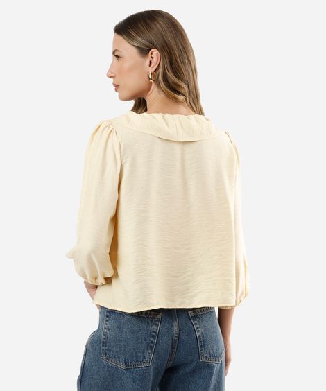 bata feminina decote v manga longa com babado amarela