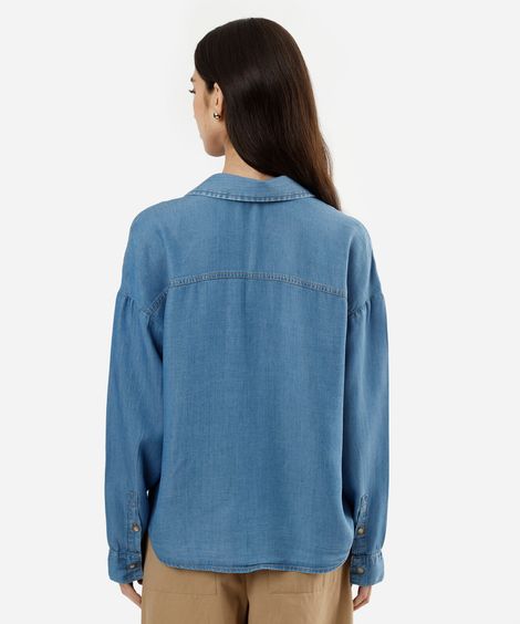 camisa box feminina jeans manga longa azul