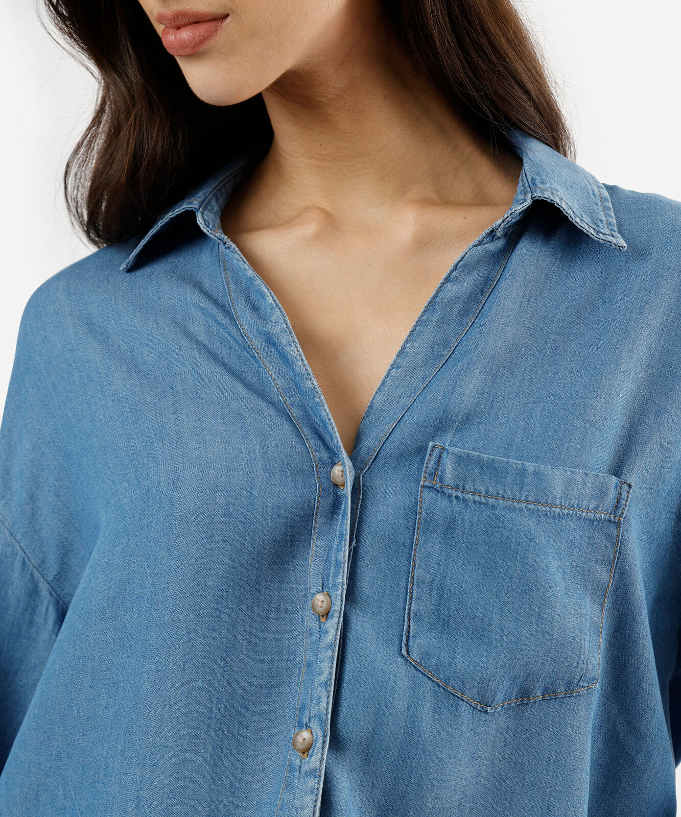 camisa box feminina jeans manga longa azul