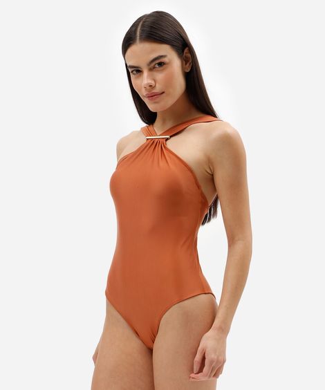 maiô feminino halterneck com fivela marrom