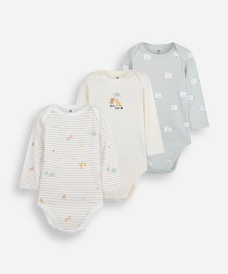 kit de 3 bodies infantis de algodão manga longa estampado colorido