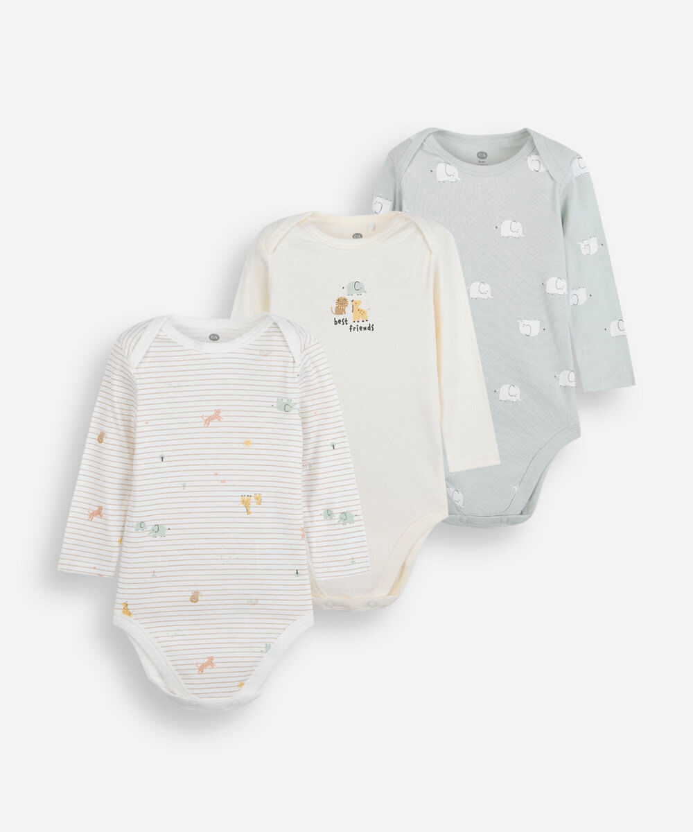 kit de 3 bodies infantis de algodão manga longa estampado colorido