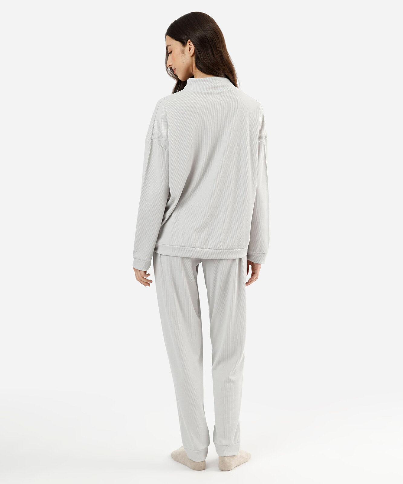 pijama longo feminino texturizado cinza