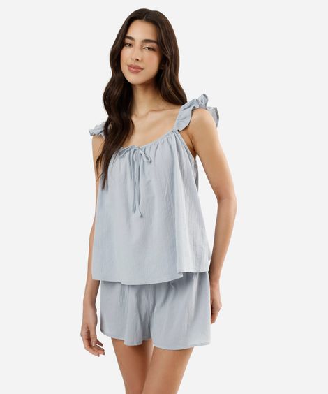 pijama short doll feminino de algodão com babado azul