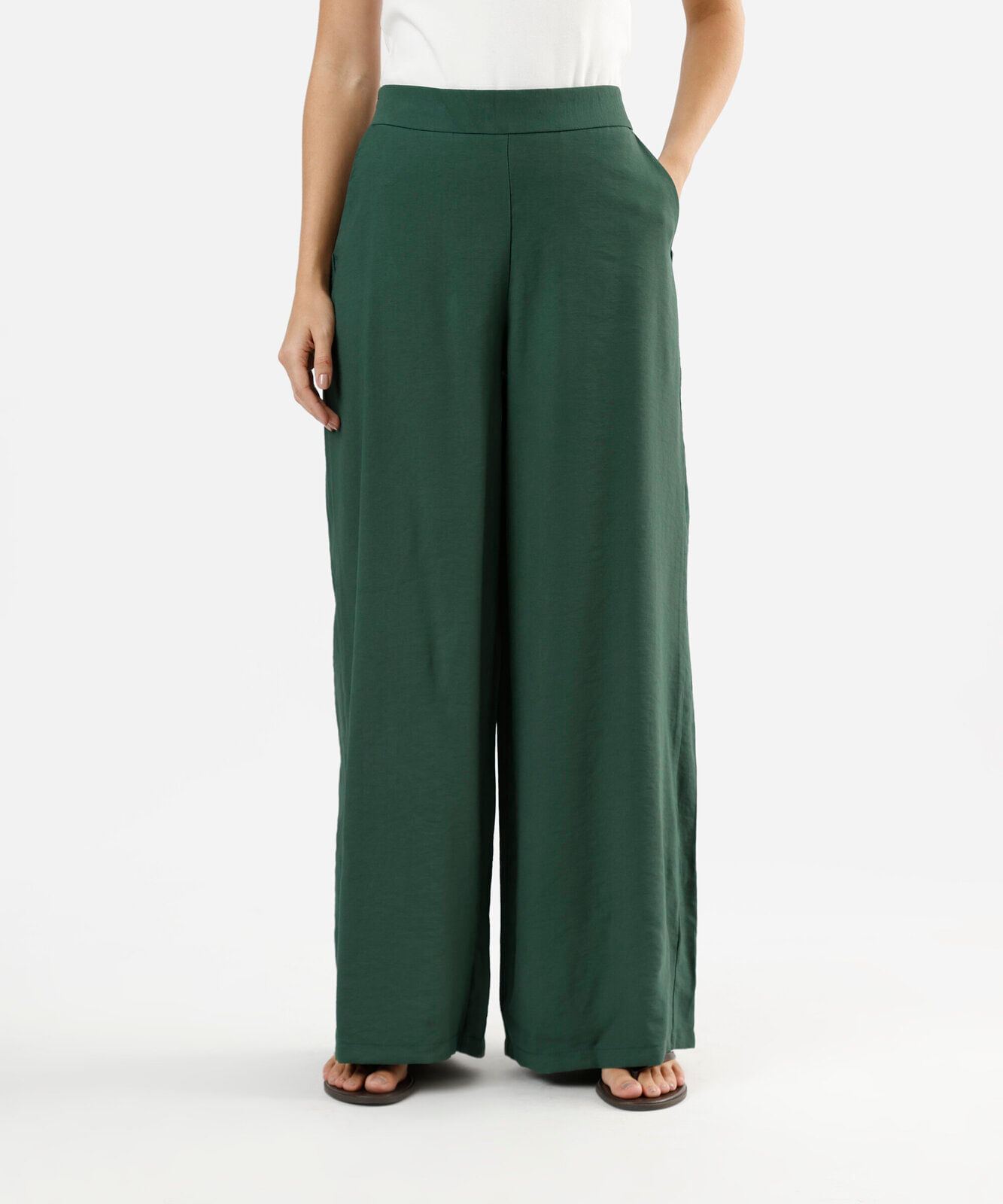 calça pantalona feminina com viscose cós elástico verde