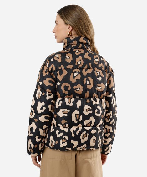 jaqueta puffer feminina gola alta animal print preta