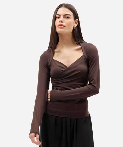 blusa feminina decote v manga longa franzida marrom