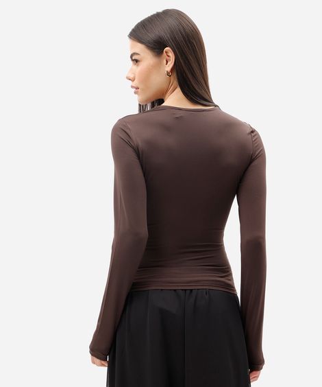 blusa feminina decote v manga longa franzida marrom