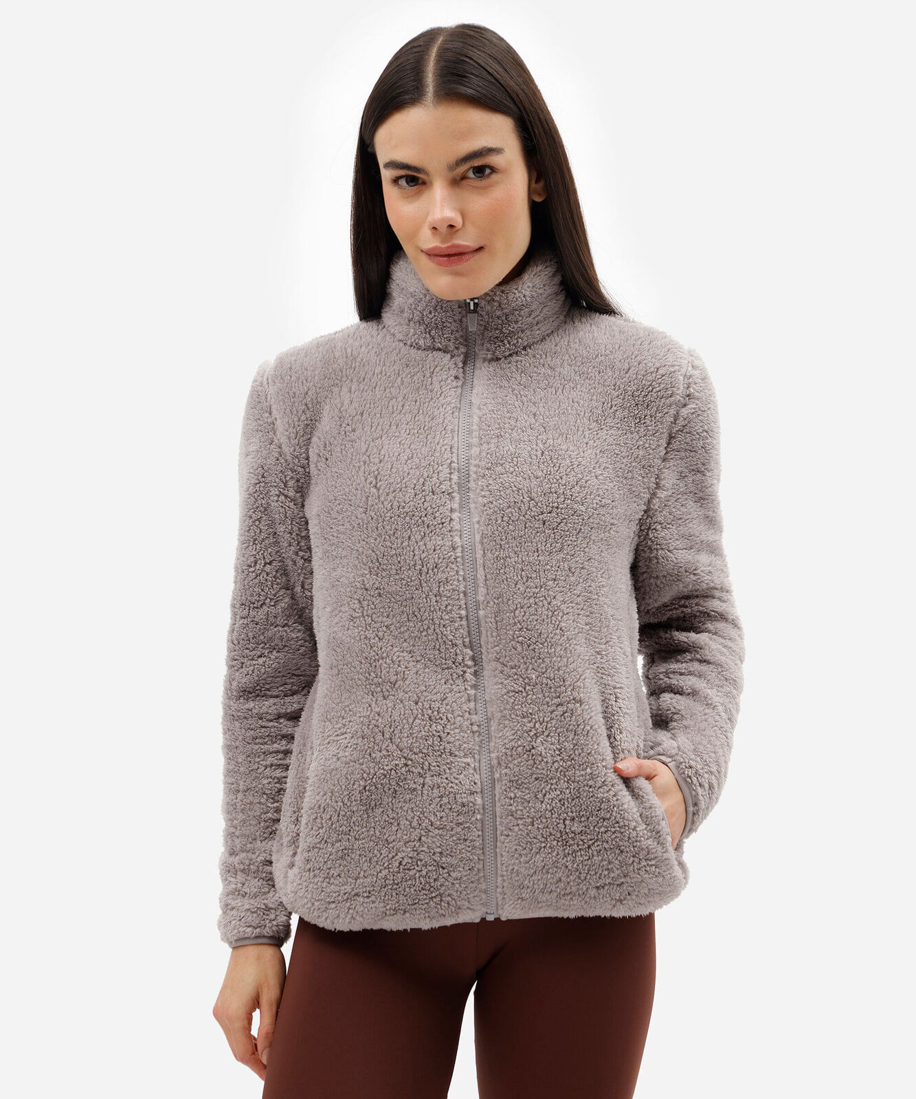 jaqueta esportiva feminina de fleece com bolsos cinza