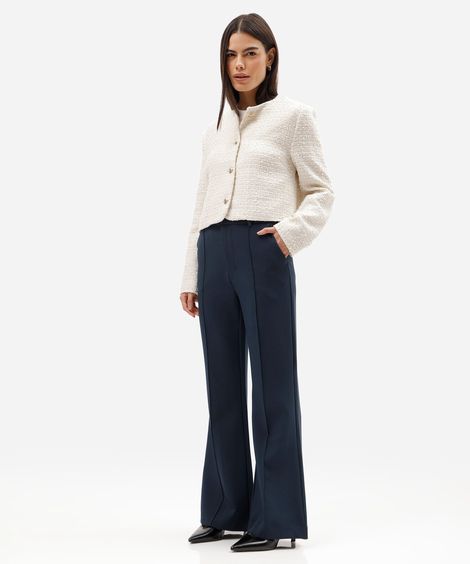 calça flare de alfaiataria feminina com nervuras azul