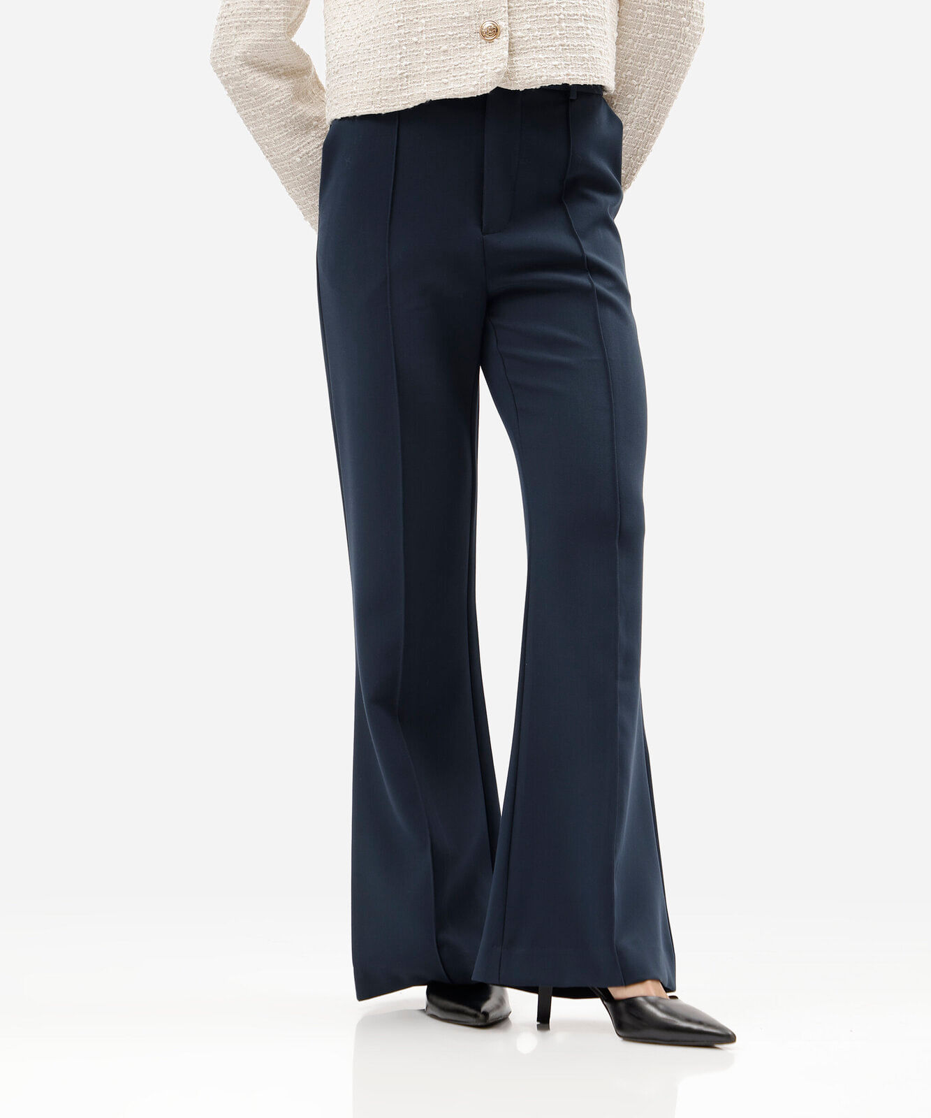 calça flare de alfaiataria feminina com nervuras azul
