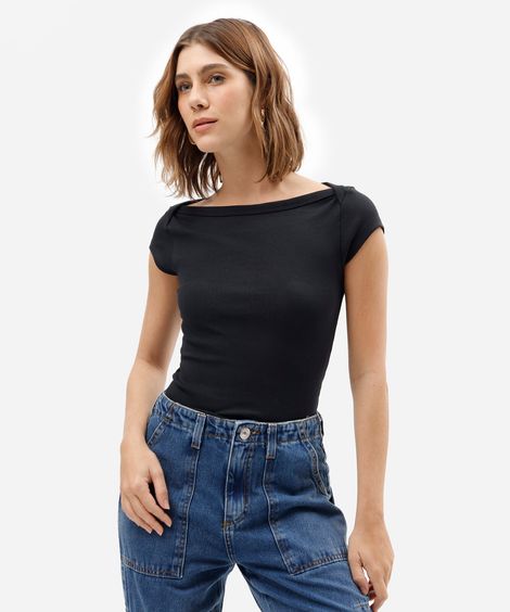 blusa feminina de algodão decote canoa canelado preta