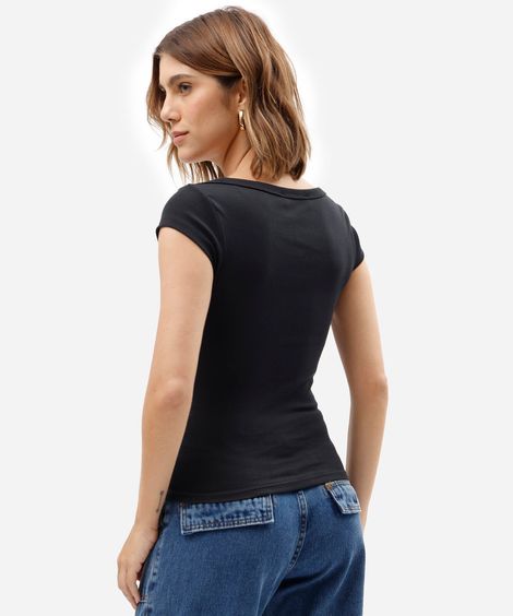 blusa feminina de algodão decote canoa canelado preta