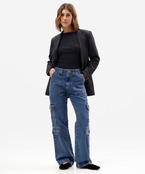 calça cargo feminina jeans cintura alta azul