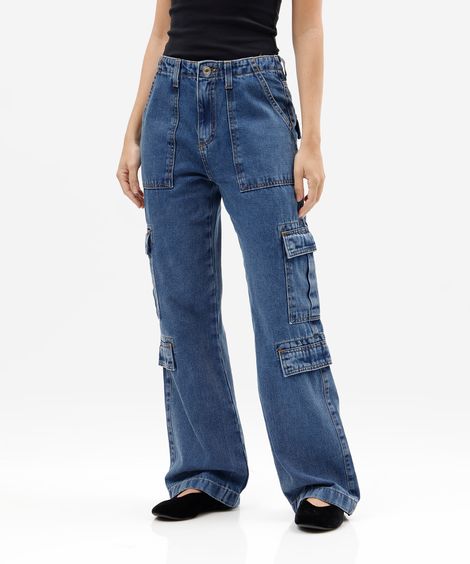calça cargo feminina jeans cintura alta azul