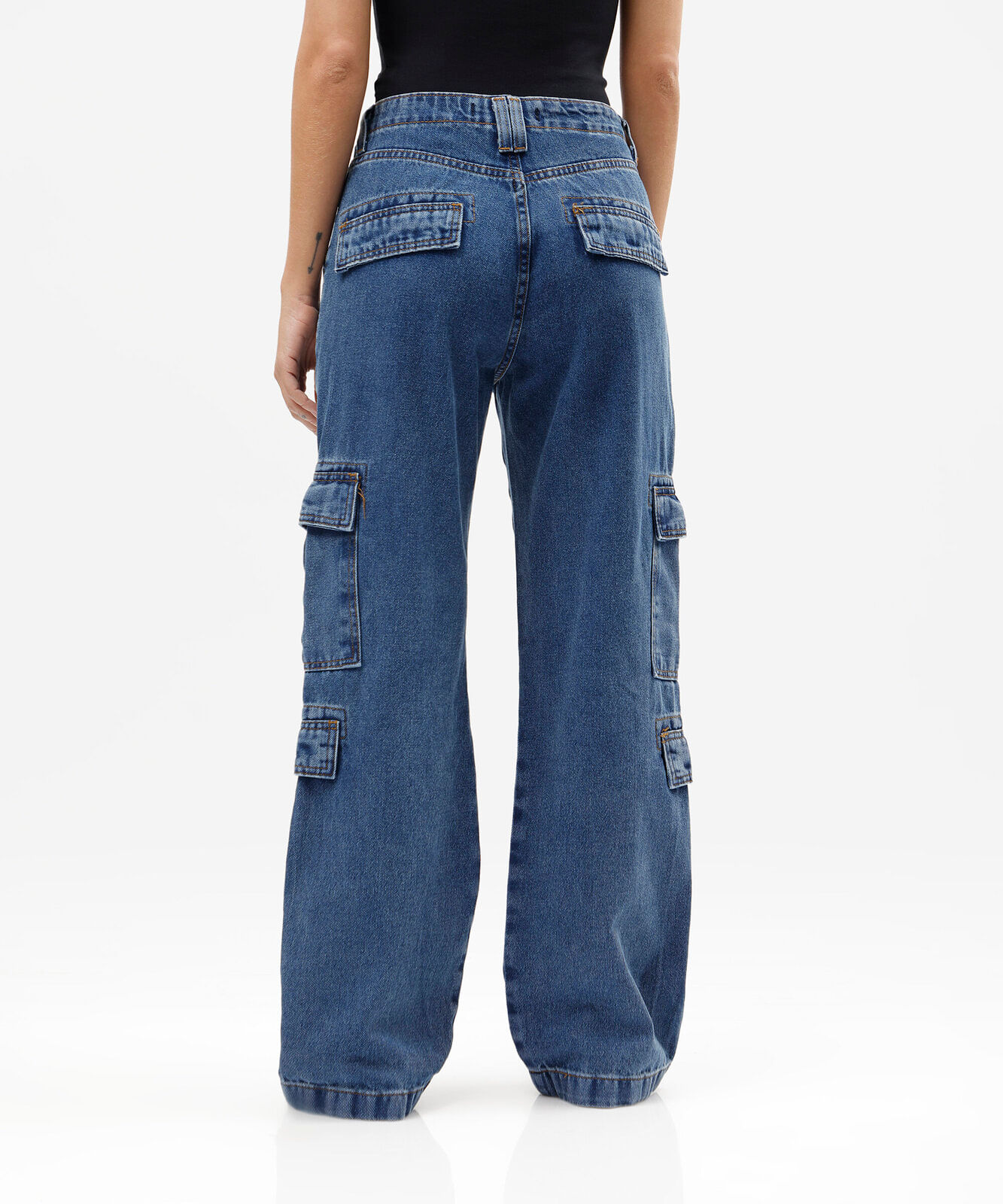 calça cargo feminina jeans cintura alta azul